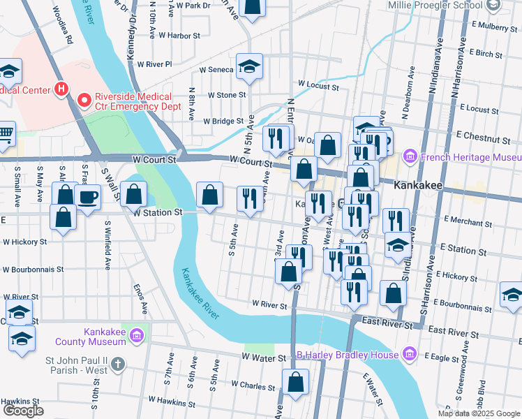 map of restaurants, bars, coffee shops, grocery stores, and more near 486 West Merchant Street in Kankakee