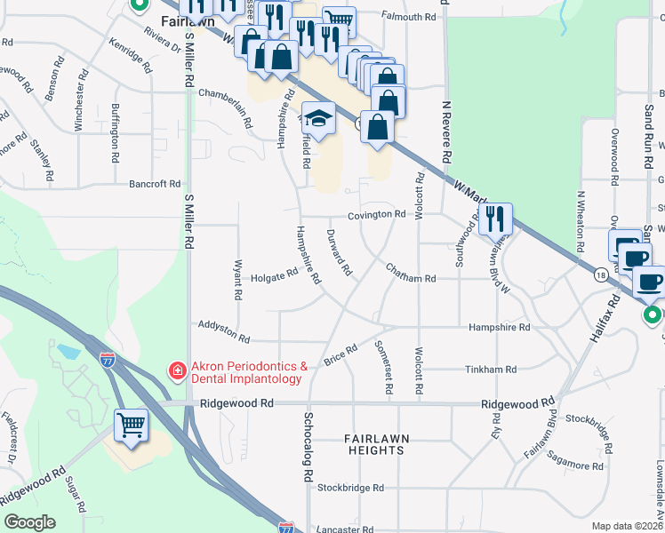 map of restaurants, bars, coffee shops, grocery stores, and more near 174 Durward Road in Akron