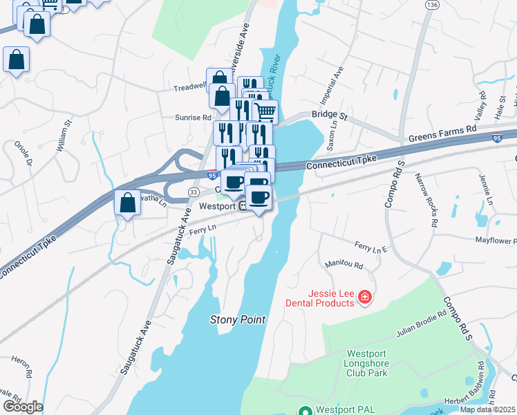 map of restaurants, bars, coffee shops, grocery stores, and more near 2 Railroad Place in Westport