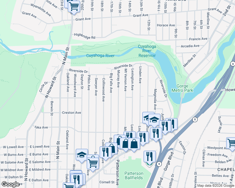 map of restaurants, bars, coffee shops, grocery stores, and more near 1252 Murray Avenue in Akron
