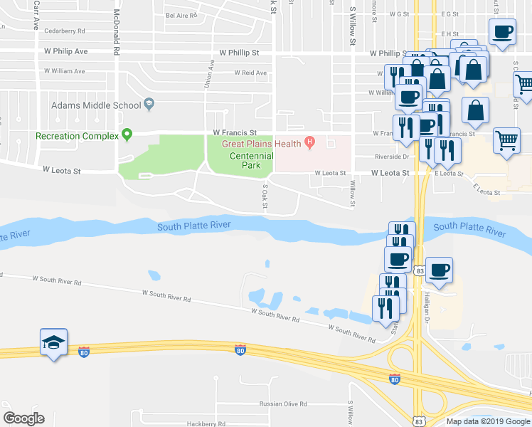 map of restaurants, bars, coffee shops, grocery stores, and more near 1699 South Oak Street in North Platte