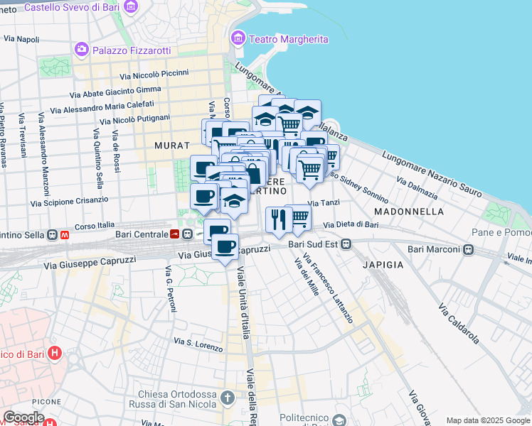 map of restaurants, bars, coffee shops, grocery stores, and more near 40 Via Carulli in Bari