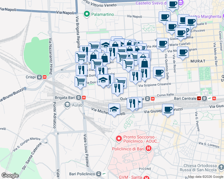 map of restaurants, bars, coffee shops, grocery stores, and more near 193 Via Scipione Crisanzio in Bari