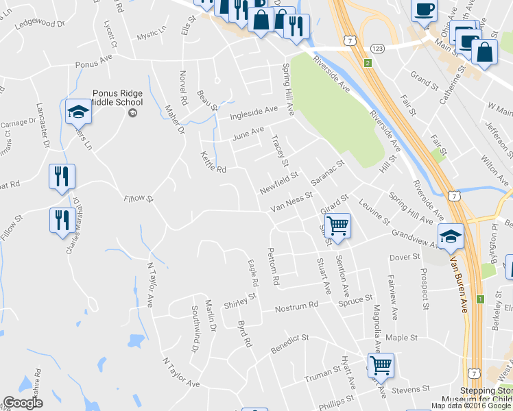 map of restaurants, bars, coffee shops, grocery stores, and more near 54 Fillow Street in Norwalk