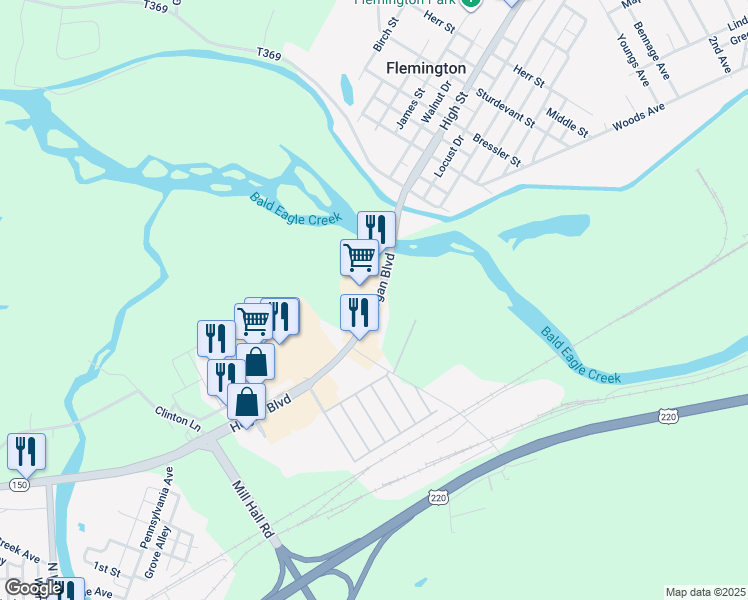 map of restaurants, bars, coffee shops, grocery stores, and more near 1 Millbrook Plaza Lane in Mill Hall