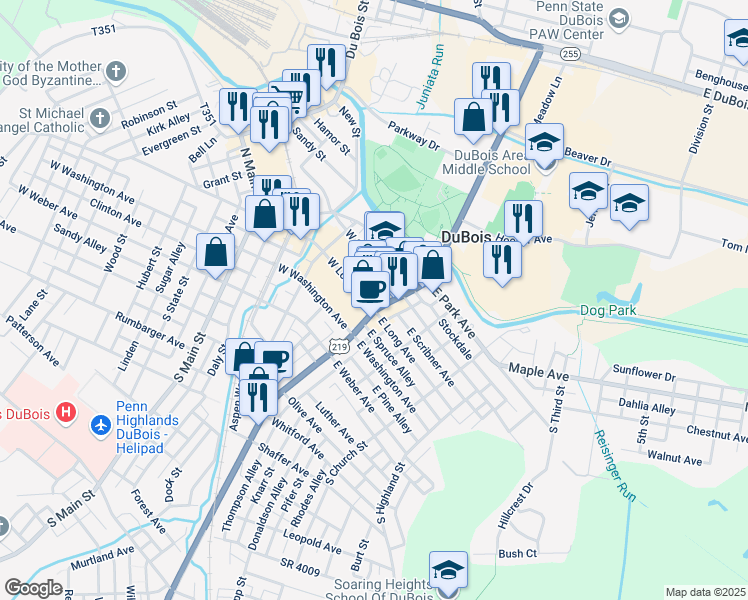 map of restaurants, bars, coffee shops, grocery stores, and more near 21 East Long Avenue in DuBois