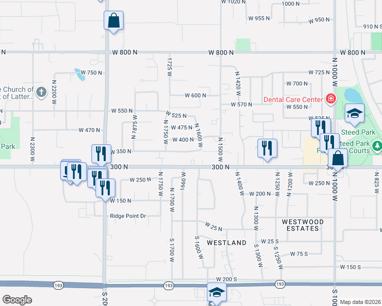 map of restaurants, bars, coffee shops, grocery stores, and more near 1627 West 350 North in West Point