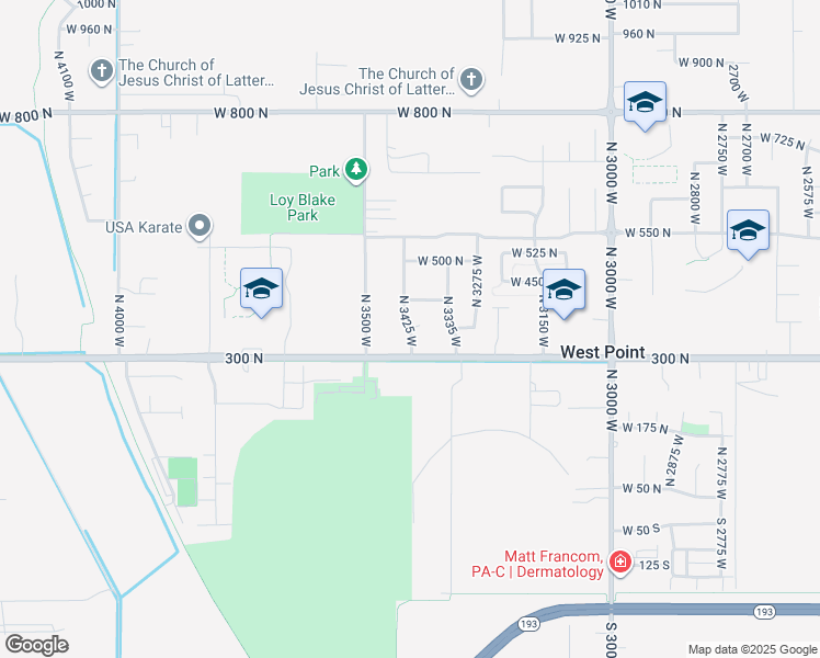 map of restaurants, bars, coffee shops, grocery stores, and more near 4260 West 350 North in West Point