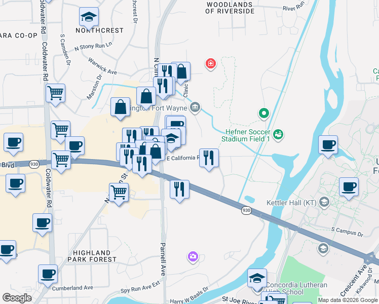 map of restaurants, bars, coffee shops, grocery stores, and more near 1221 East California Road in Fort Wayne