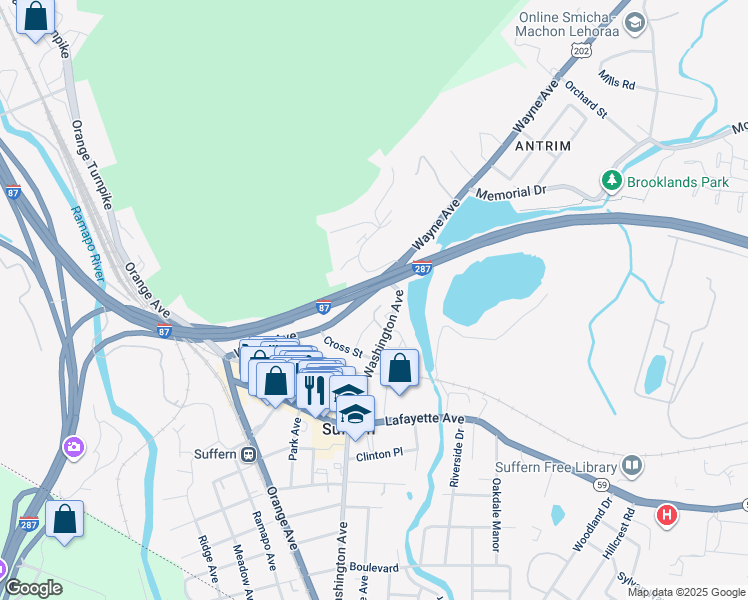map of restaurants, bars, coffee shops, grocery stores, and more near 77A Wayne Avenue in Suffern