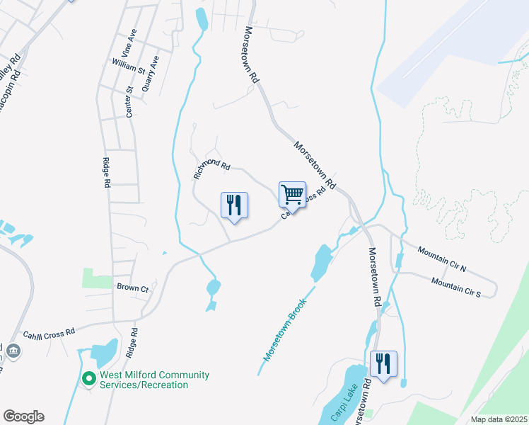 map of restaurants, bars, coffee shops, grocery stores, and more near 197 Cahill Cross Road in West Milford