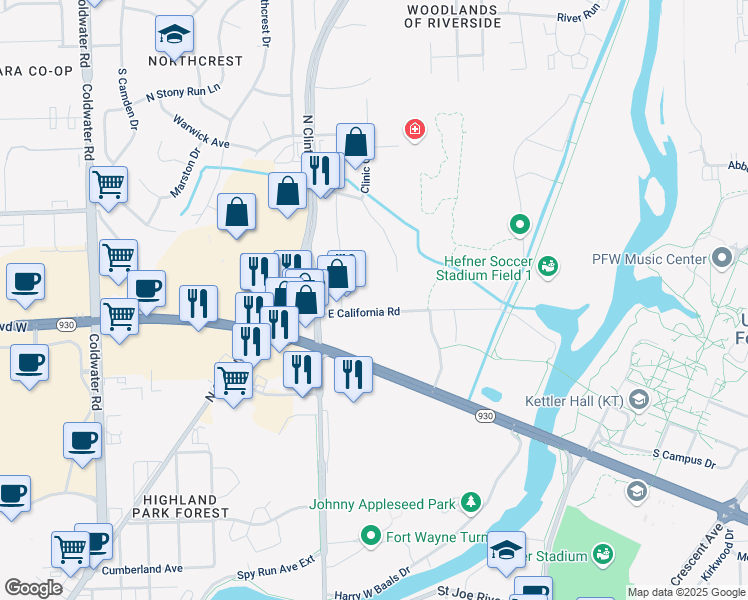 map of restaurants, bars, coffee shops, grocery stores, and more near 1221 East California Road in Fort Wayne