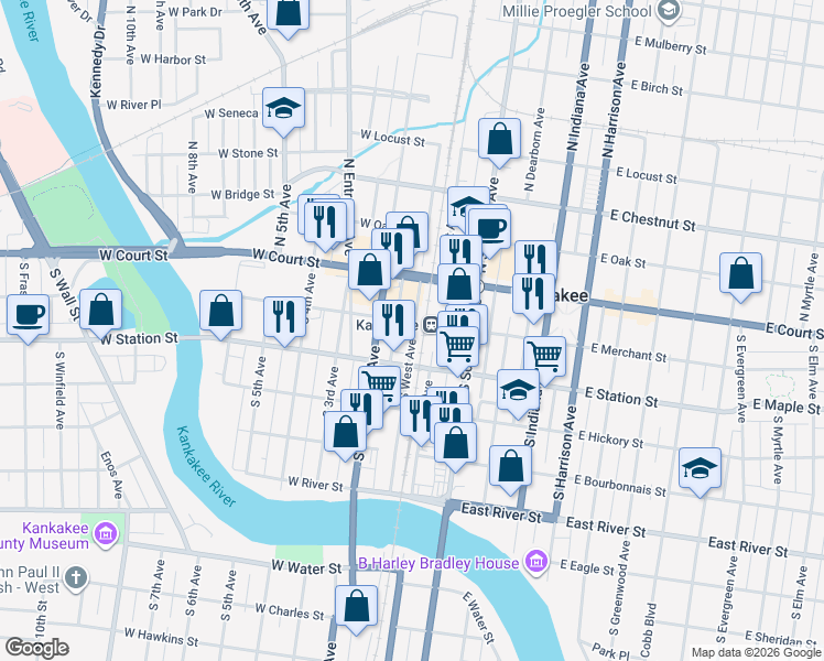 map of restaurants, bars, coffee shops, grocery stores, and more near in Kankakee
