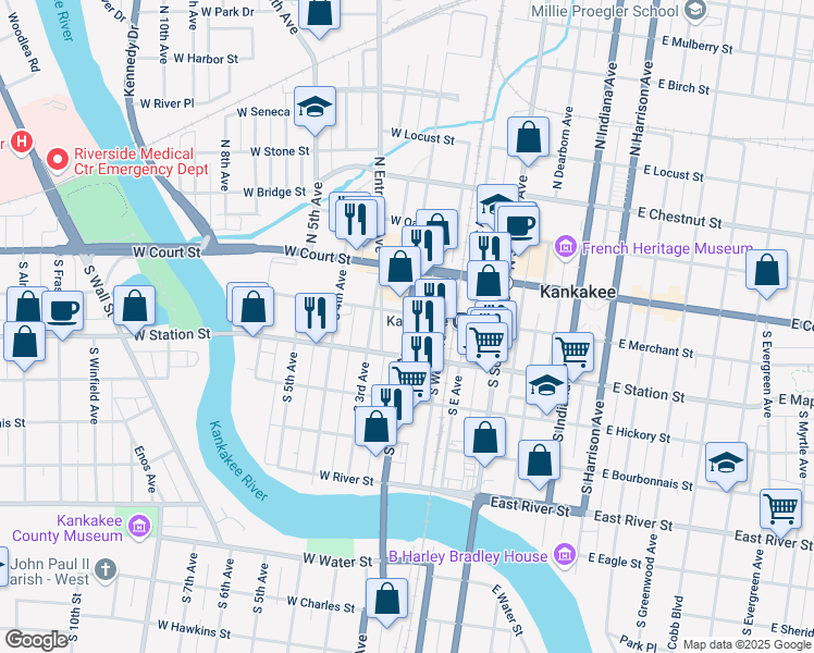 map of restaurants, bars, coffee shops, grocery stores, and more near 243 West Merchant Street in Kankakee