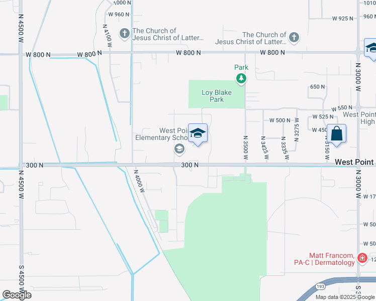 map of restaurants, bars, coffee shops, grocery stores, and more near 3788 West 300 North in West Point