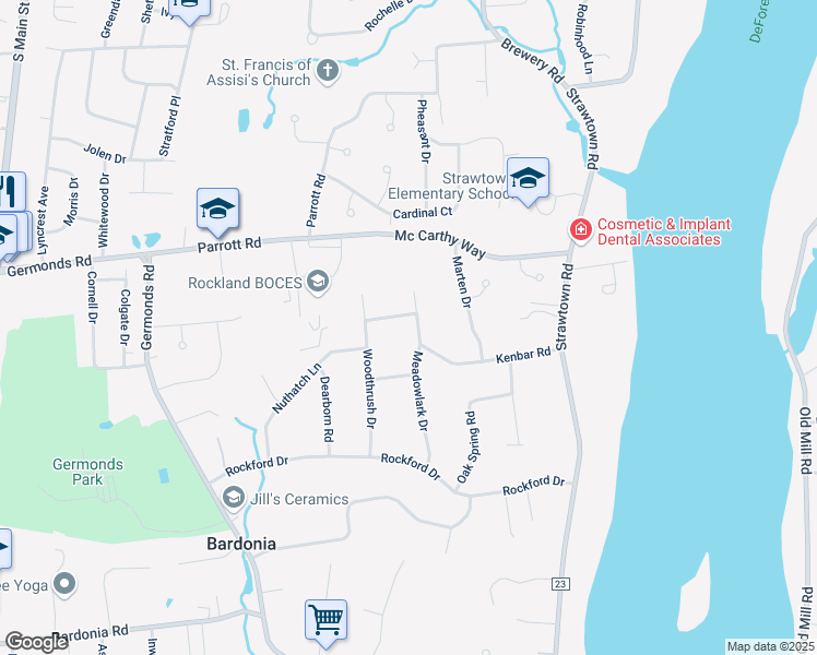 map of restaurants, bars, coffee shops, grocery stores, and more near 19 Meadowlark Drive in West Nyack