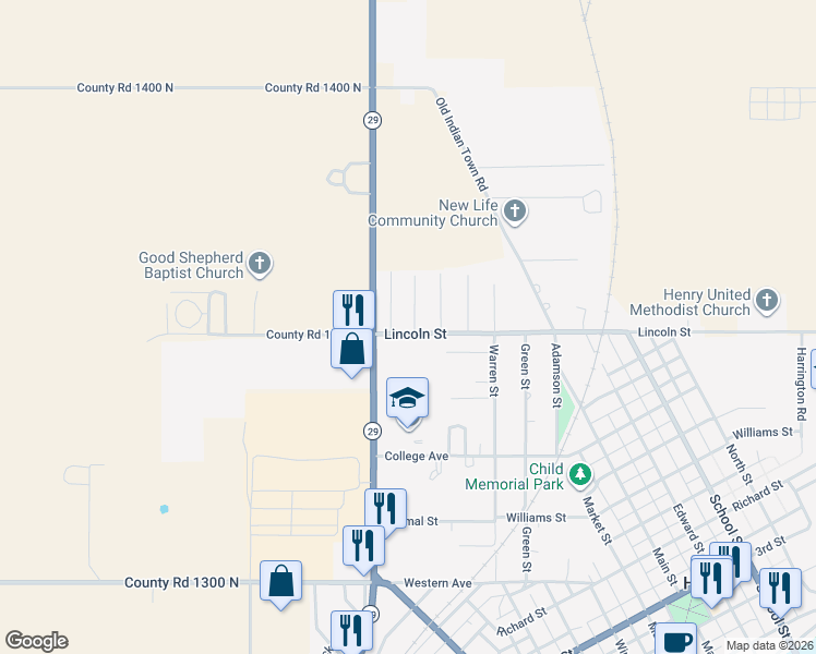 map of restaurants, bars, coffee shops, grocery stores, and more near 1104 Caprice Drive in Henry