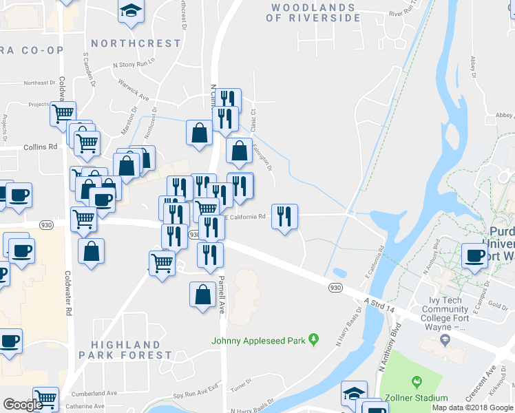 map of restaurants, bars, coffee shops, grocery stores, and more near 1221 East California Road in Fort Wayne