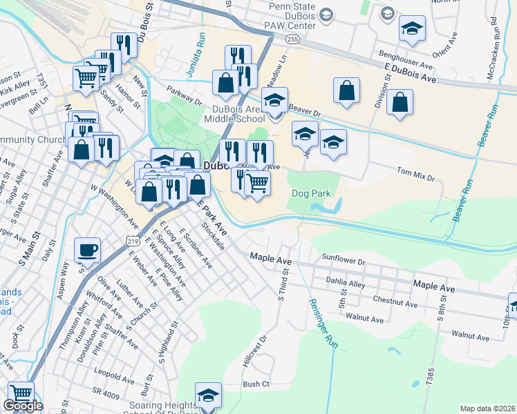 map of restaurants, bars, coffee shops, grocery stores, and more near 22 Hoover Avenue in DuBois