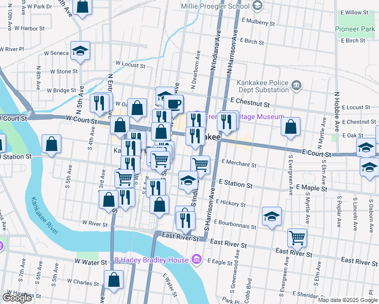 map of restaurants, bars, coffee shops, grocery stores, and more near 130 North Dearborn Avenue in Kankakee