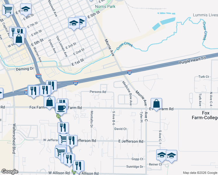 map of restaurants, bars, coffee shops, grocery stores, and more near 311 Southern View Drive in Cheyenne