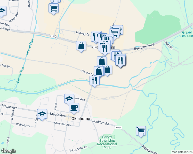 map of restaurants, bars, coffee shops, grocery stores, and more near 690 Shaffer Road in DuBois