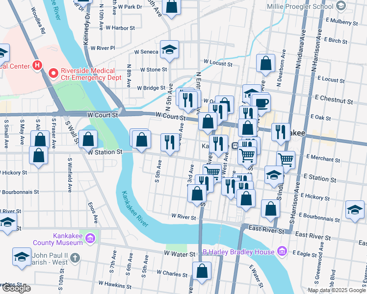 map of restaurants, bars, coffee shops, grocery stores, and more near 338 West Merchant Street in Kankakee