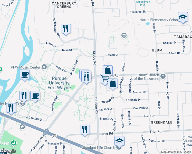 map of restaurants, bars, coffee shops, grocery stores, and more near Stellhorn Rd & Hobson Rd in Fort Wayne