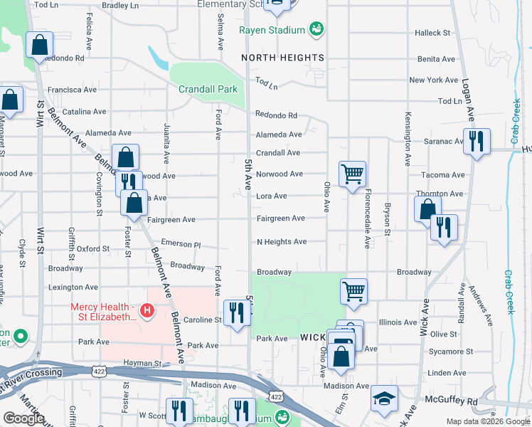 map of restaurants, bars, coffee shops, grocery stores, and more near 287 Lora Avenue in Youngstown