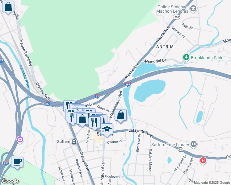 map of restaurants, bars, coffee shops, grocery stores, and more near 77A Wayne Avenue in Suffern