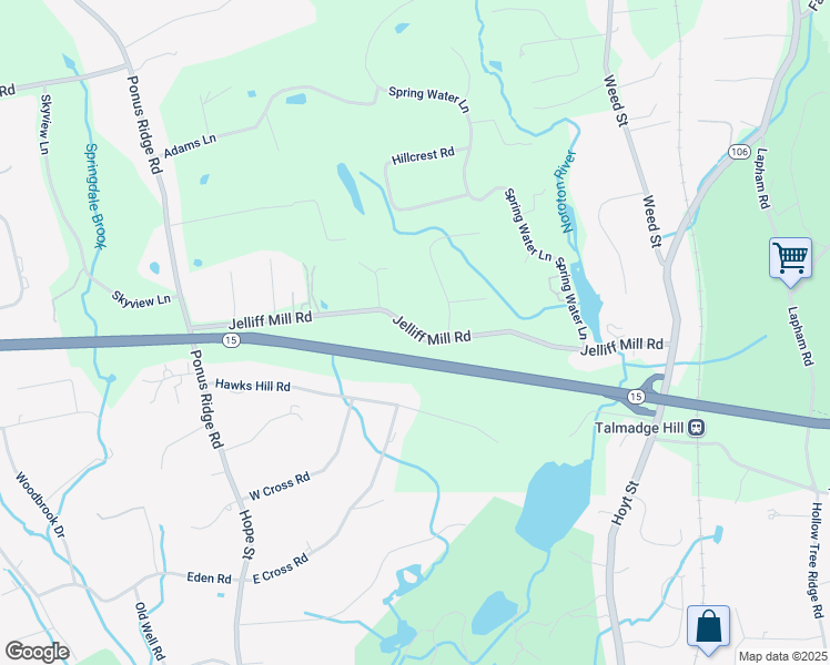 map of restaurants, bars, coffee shops, grocery stores, and more near Jelliff Mill Road in New Canaan