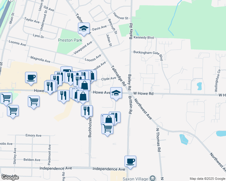map of restaurants, bars, coffee shops, grocery stores, and more near 1053 Howe Avenue in Cuyahoga Falls