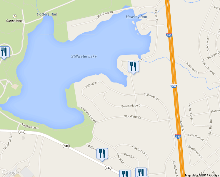 map of restaurants, bars, coffee shops, grocery stores, and more near 123 Stillwater Drive in Pocono Summit