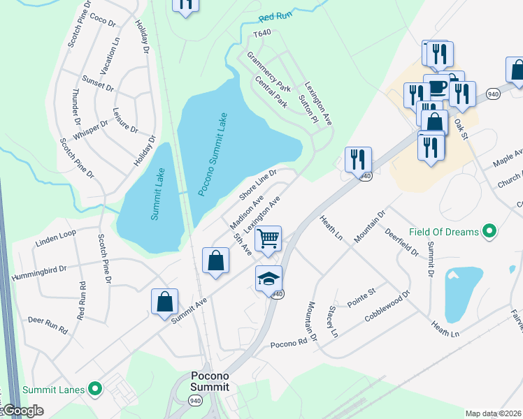 map of restaurants, bars, coffee shops, grocery stores, and more near 1250 Lexington Avenue in Pocono Summit