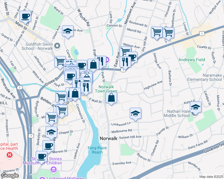 map of restaurants, bars, coffee shops, grocery stores, and more near 69 East Avenue in Norwalk