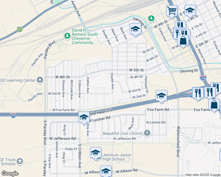 map of restaurants, bars, coffee shops, grocery stores, and more near 335 Abby Road in Cheyenne