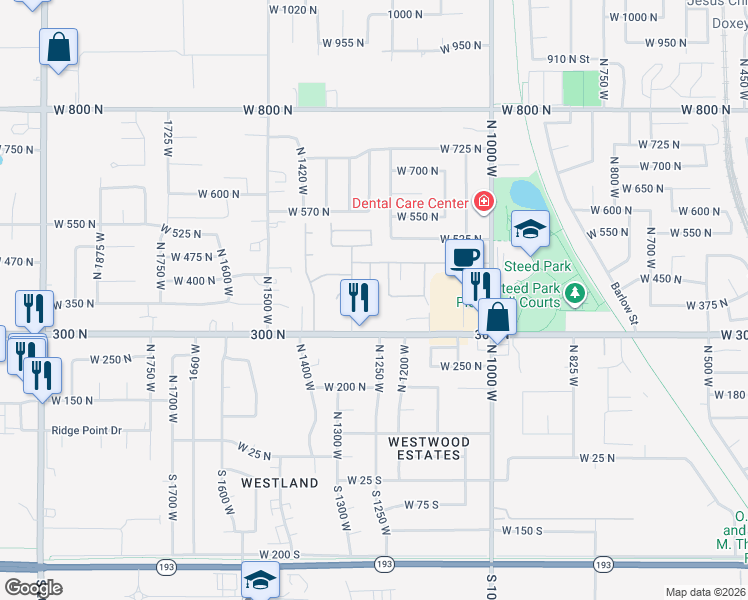 map of restaurants, bars, coffee shops, grocery stores, and more near 411 North 1250 West in Clearfield