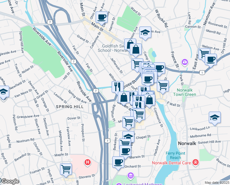 map of restaurants, bars, coffee shops, grocery stores, and more near 35 Cross Street in Norwalk