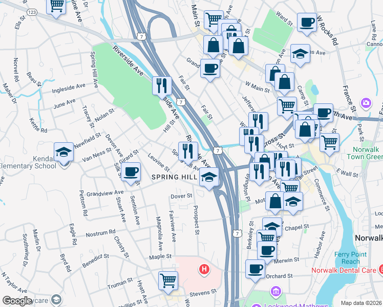 map of restaurants, bars, coffee shops, grocery stores, and more near 23 Riverside Avenue in Norwalk