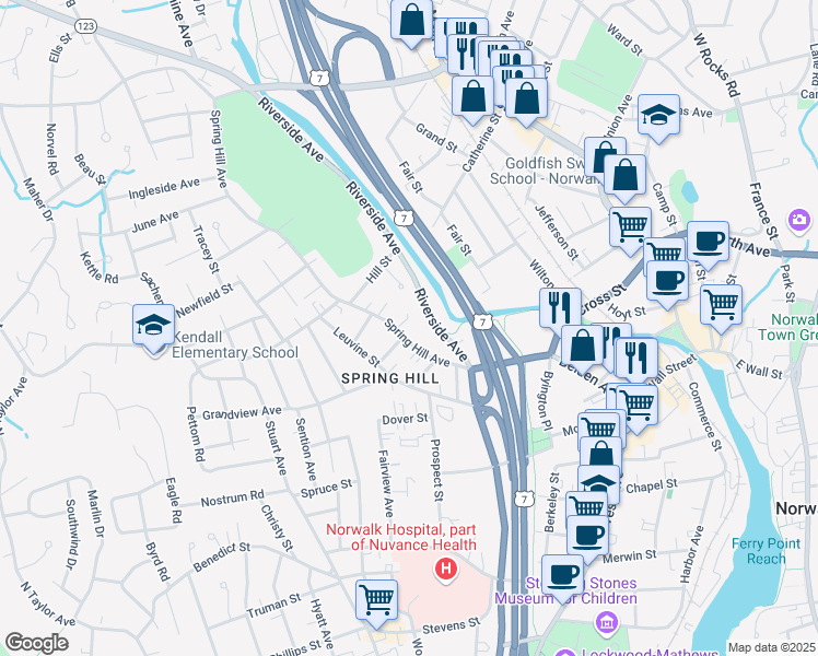 map of restaurants, bars, coffee shops, grocery stores, and more near 21 Spring Hill Avenue in Norwalk