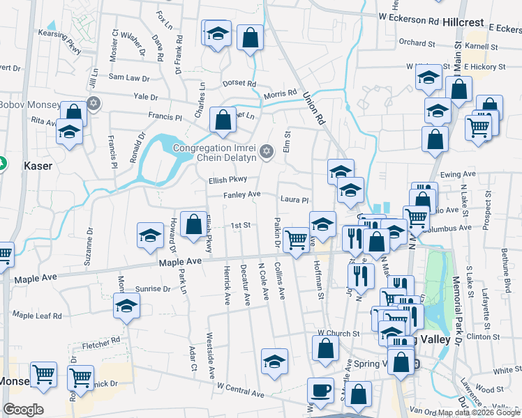 map of restaurants, bars, coffee shops, grocery stores, and more near 114 North Cole Avenue in Spring Valley