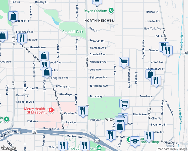 map of restaurants, bars, coffee shops, grocery stores, and more near 287 Lora Avenue in Youngstown