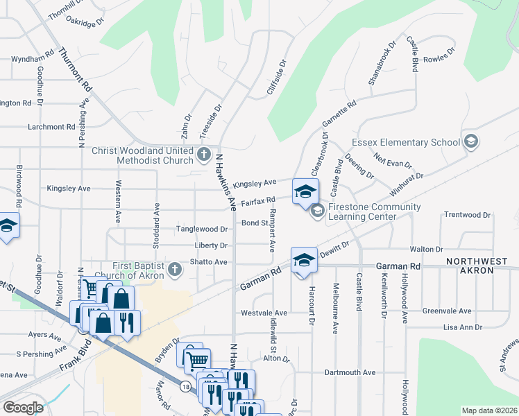 map of restaurants, bars, coffee shops, grocery stores, and more near 1592 Fairfax Road in Akron