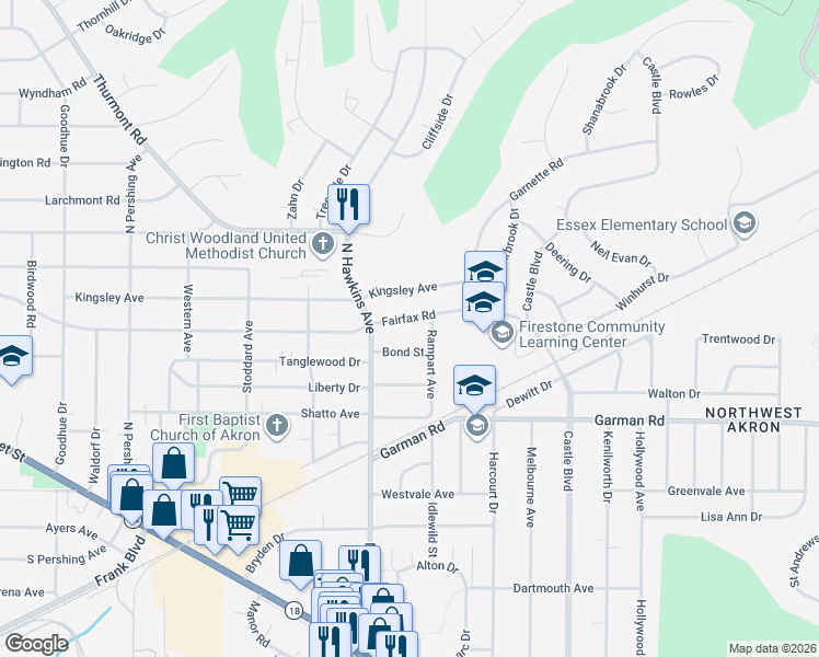 map of restaurants, bars, coffee shops, grocery stores, and more near 1592 Fairfax Road in Akron