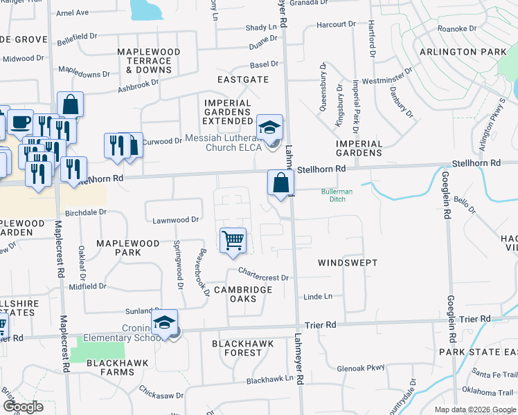 map of restaurants, bars, coffee shops, grocery stores, and more near 7405 Trotters Chase Lane in Fort Wayne