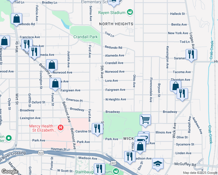 map of restaurants, bars, coffee shops, grocery stores, and more near 280 Fairgreen Avenue in Youngstown