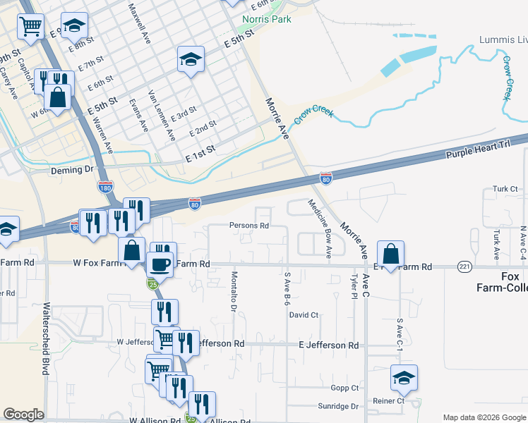 map of restaurants, bars, coffee shops, grocery stores, and more near 311 Southern View Drive in Cheyenne