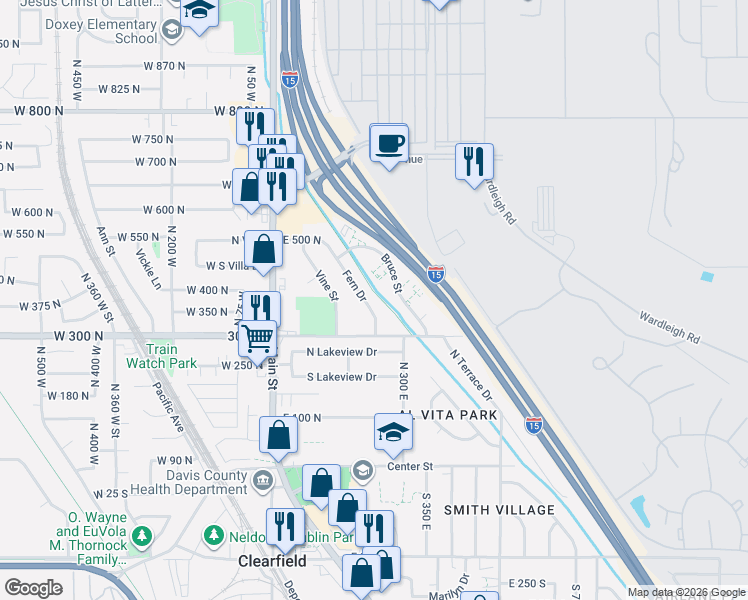 map of restaurants, bars, coffee shops, grocery stores, and more near 376 Fern Drive in Clearfield
