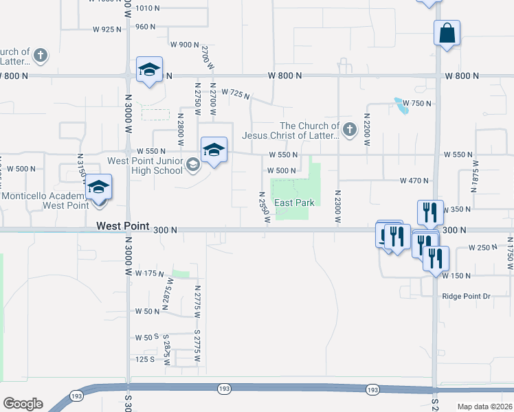 map of restaurants, bars, coffee shops, grocery stores, and more near 373 North 2550 West in West Point
