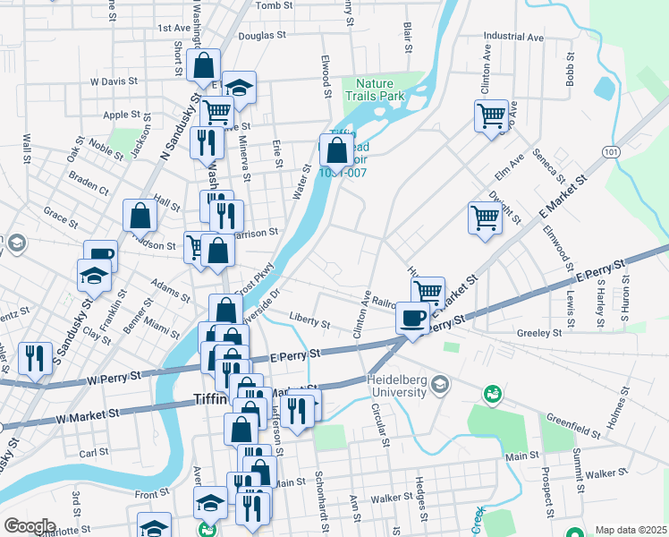 map of restaurants, bars, coffee shops, grocery stores, and more near 146 Riverside Drive in Tiffin